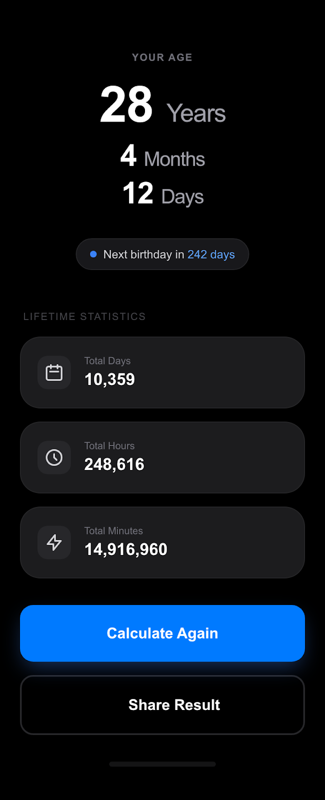 Age Calculator results screen